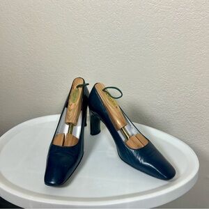 Charles Jourdan Paris Vintage Navy Leather Pumps Square Toe Heels 6 Narrow